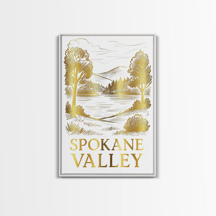 Spokane Valley Travel Poster, Framed Canvas Print, Gold Line Drawing Wall Art, Spokane Valley Travel Art, Travel Poster Set, Wall Art