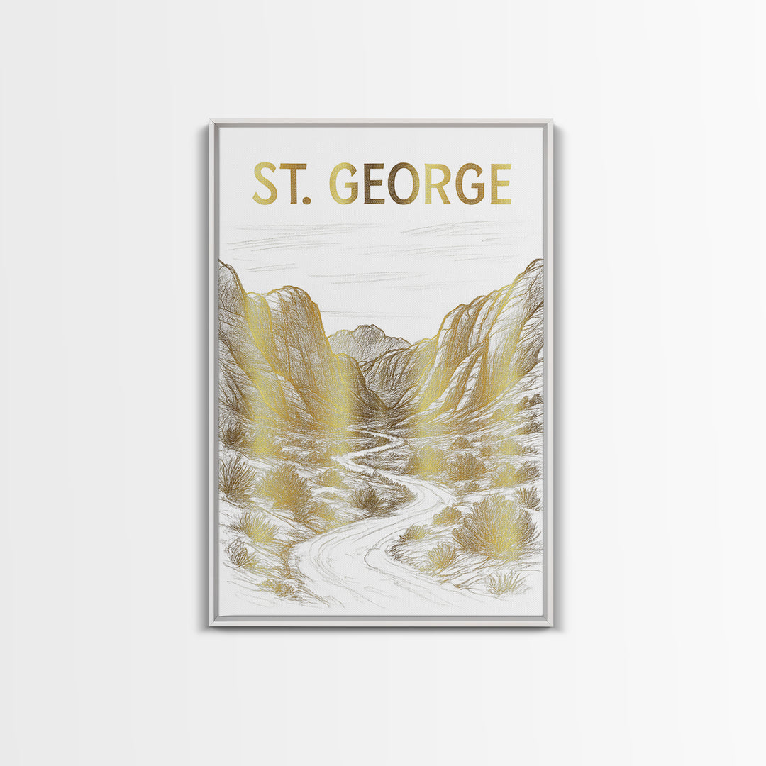 St George Utah Travel Poster, Canvas Print, White And Gold Sketch Art, St George Wall Art, Fine Art Print, Poster Art, Travel Poster Set