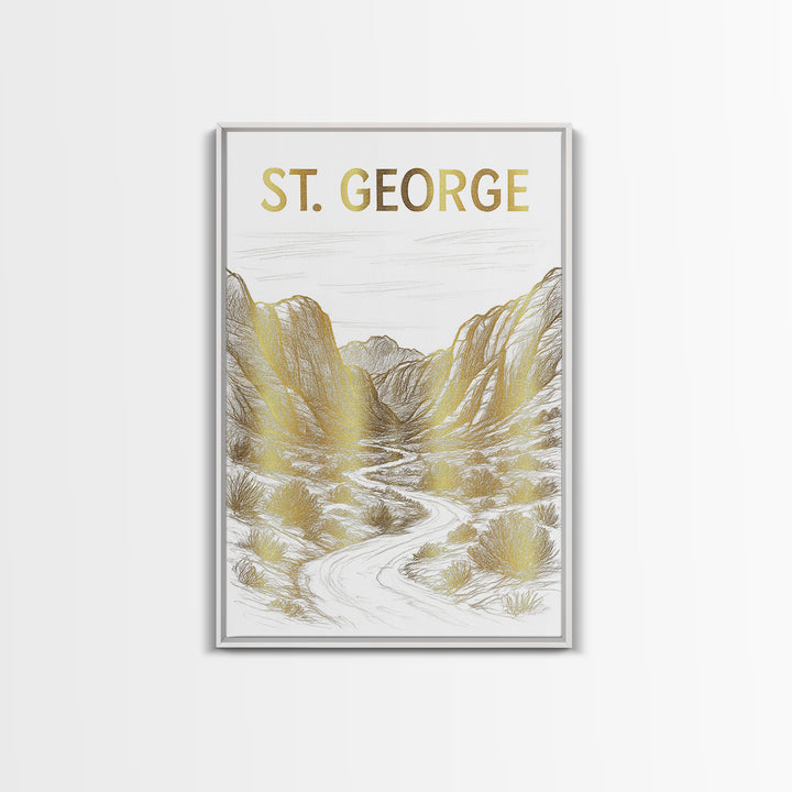 St George Utah Travel Poster, Canvas Print, White And Gold Sketch Art, St George Wall Art, Fine Art Print, Poster Art, Travel Poster Set