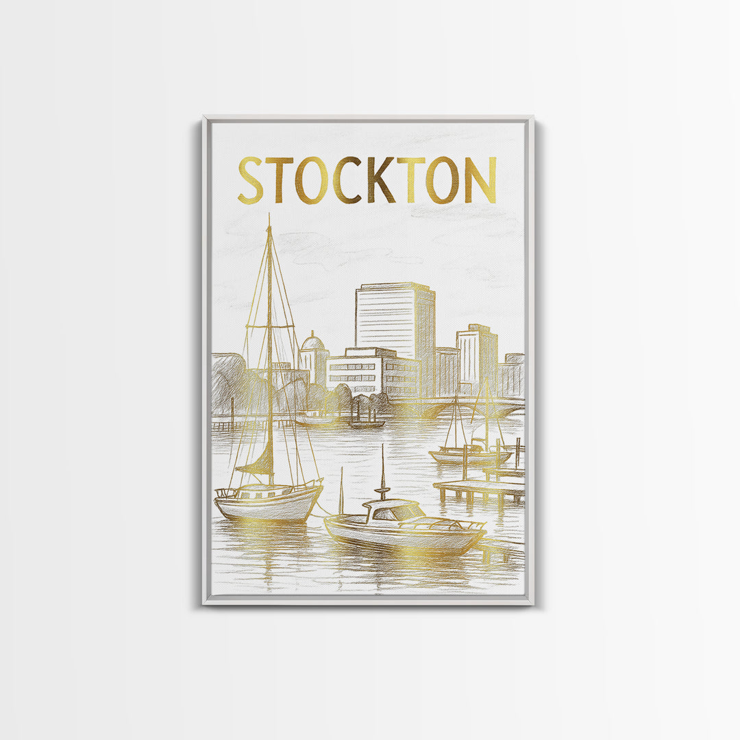 Stockton California Travel Poster, Canvas Print, White And Gold Sketch Art, Stockton Art Print, City Travel Prints, Wall Decor, Home Decor