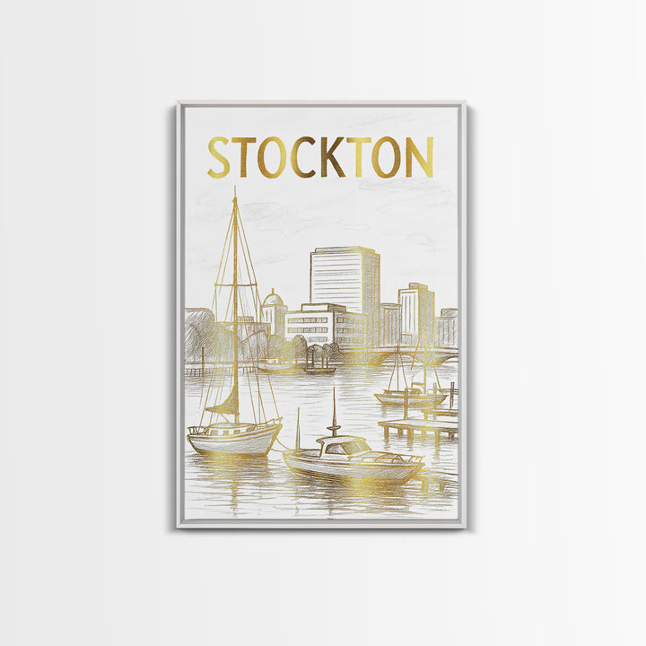 Stockton California Travel Poster, Canvas Print, White And Gold Sketch Art, Stockton Art Print, City Travel Prints, Wall Decor, Home Decor