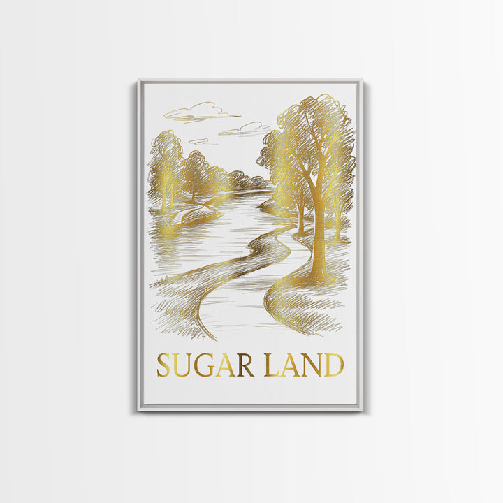 Sugarland Travel Poster, Framed Canvas Print, White And Gold Sketch Art, Sugarland City Art, Wanderlust Decor, City Travel Prints