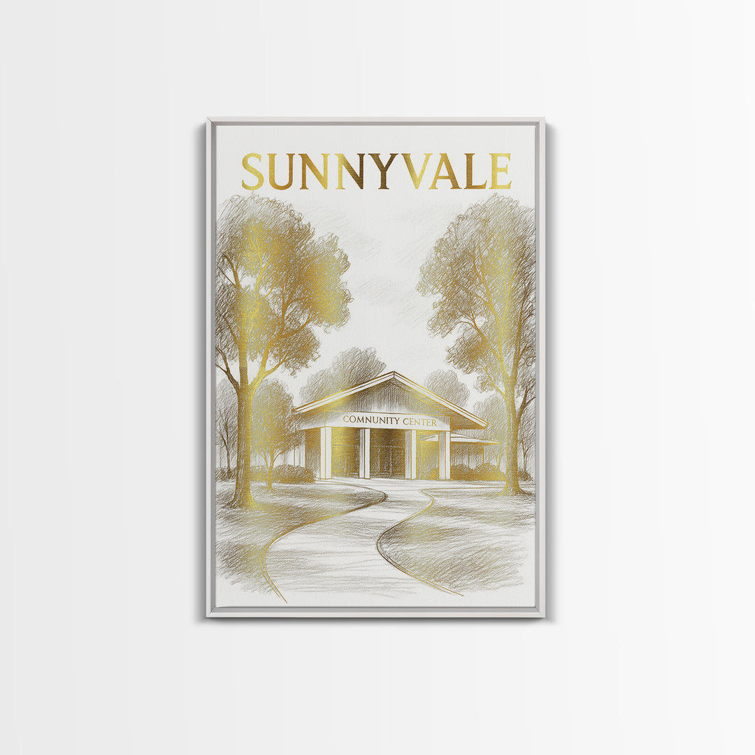 Sunnyvale California Travel Poster, Canvas Print, Gold Line Drawing Wall Art, Sunnyvale Wall Art, Travel Poster Art, Living Room Wall Art