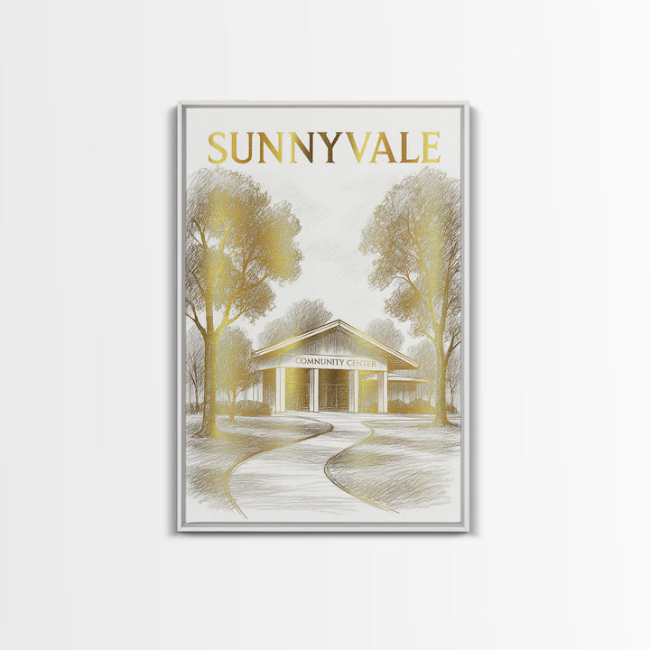 Sunnyvale California Travel Poster, Canvas Print, Gold Line Drawing Wall Art, Sunnyvale Wall Art, Travel Poster Art, Living Room Wall Art