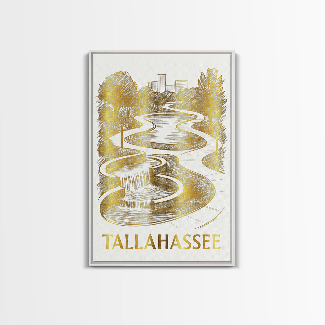 Tallahassee Travel Poster, Canvas Print, White And Gold Sketch Art, Tallahassee Art Print, Watercolor City Skyline, Travel Art Print