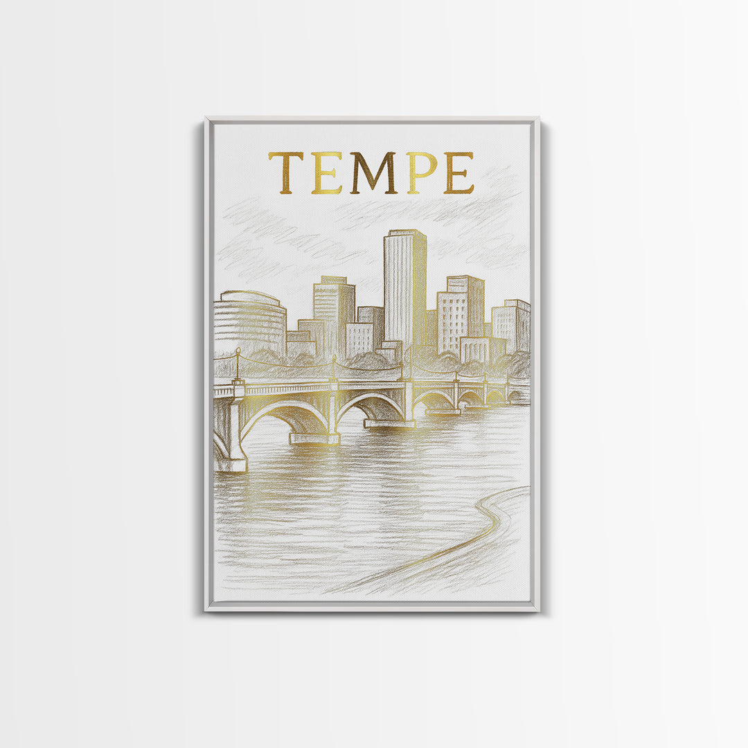 Tempe Arizona Travel Poster, Framed Canvas Print, White And Gold Sketch Art, Tempe City Art, Mid Century Wall Art, Eclectic Wall Decor