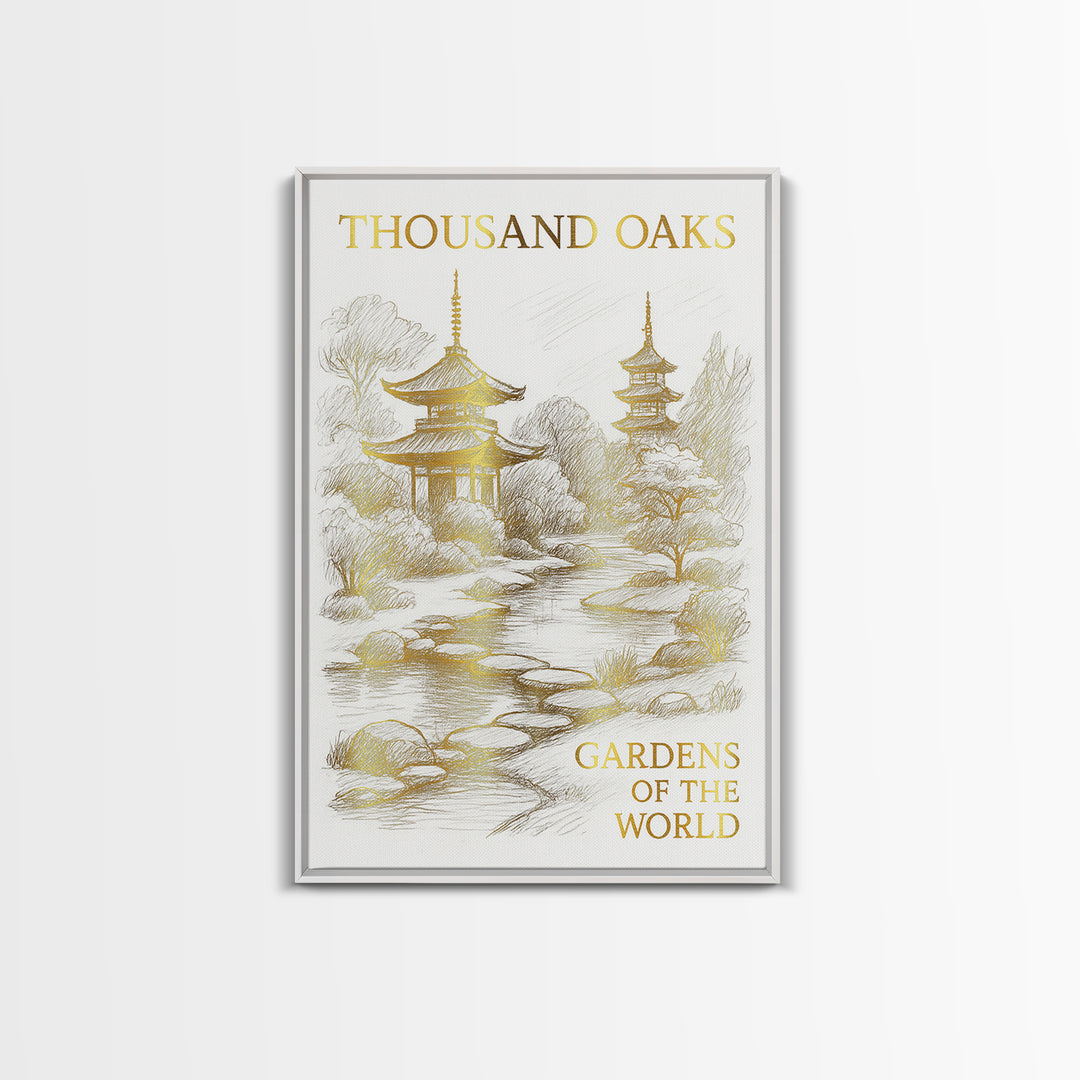 Thousand Oaks California Travel Poster, Canvas Print, White And Gold Sketch Art, Thousand Oaks Travel Art, Travel Print, Poster Print