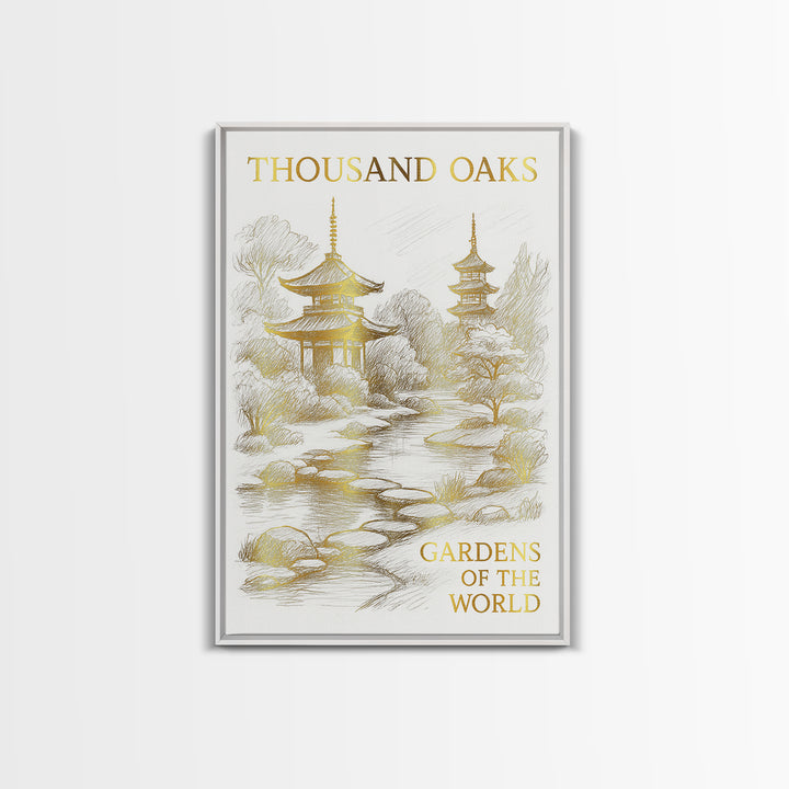 Thousand Oaks California Travel Poster, Canvas Print, White And Gold Sketch Art, Thousand Oaks Travel Art, Travel Print, Poster Print