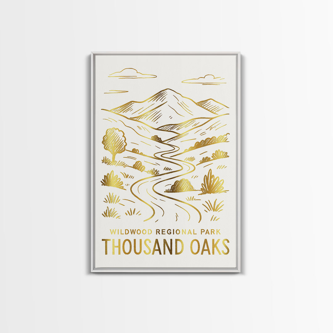 Thousand Oaks Travel Poster, Canvas Print, White And Gold Sketch Art, Thousand Oaks City Art, Home Office Decor, Fine Art Print