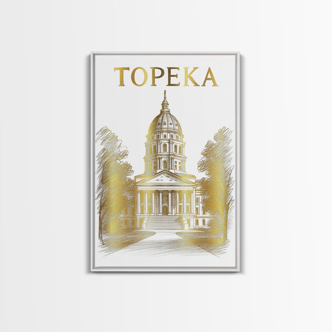 Topeka Kansas Travel Poster, Framed Canvas Print, Gold Line Drawing Wall Art, Topeka Poster Print, Gift For Travelers, Travel Poster Art