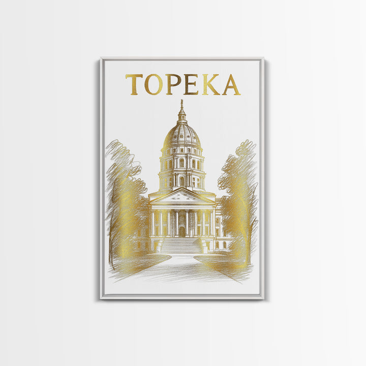 Topeka Kansas Travel Poster, Framed Canvas Print, Gold Line Drawing Wall Art, Topeka Poster Print, Gift For Travelers, Travel Poster Art