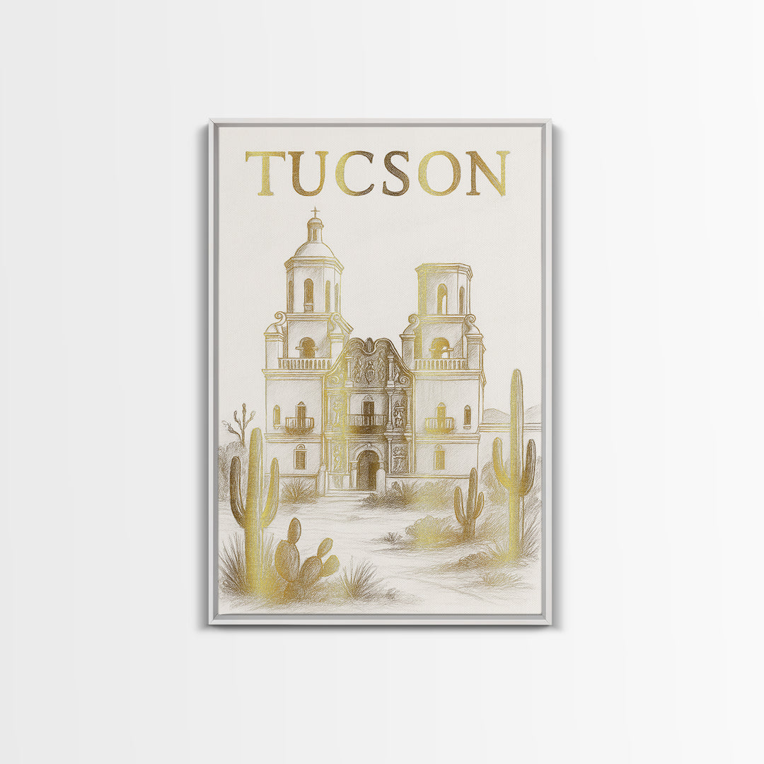 Tucson Arizona Travel Poster, Canvas Print, White And Gold Sketch Art, Tucson Poster Print, Vintage City Art, Travel Art, Retro Travel Print