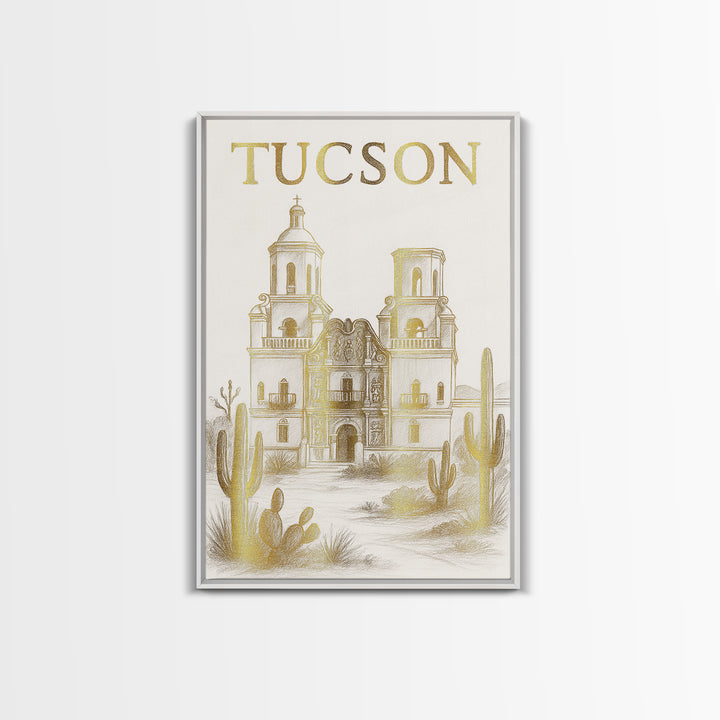 Tucson Arizona Travel Poster, Canvas Print, White And Gold Sketch Art, Tucson Poster Print, Vintage City Art, Travel Art, Retro Travel Print