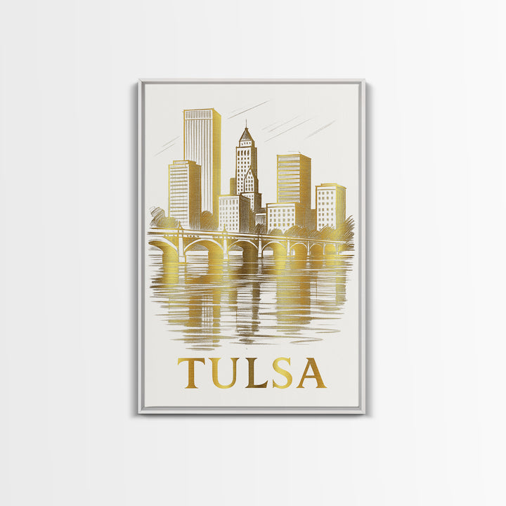 Tulsa Travel Poster, Canvas Print, Gold Line Drawing Wall Art, Tulsa City Art, Travel Wall Art, Travel Art Print, Vintage Travel Print