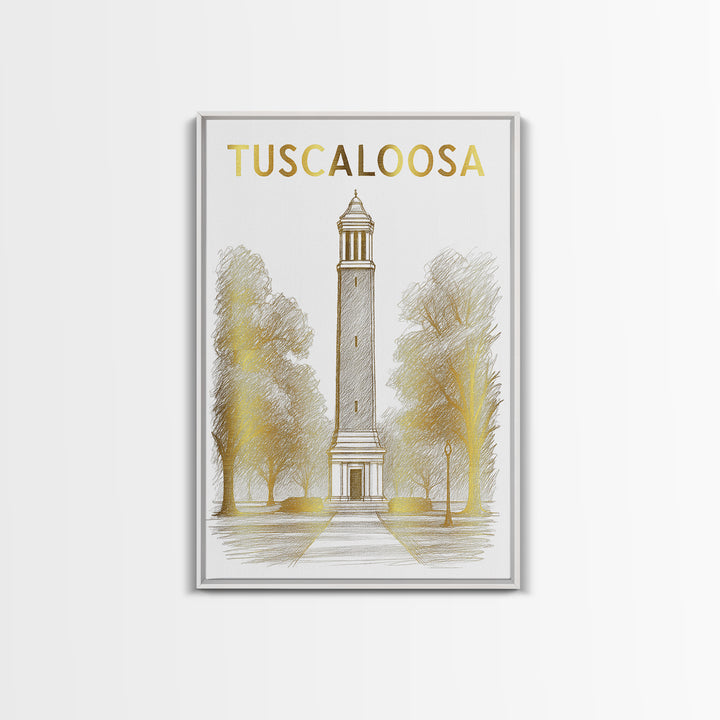 Tuscaloosa Alabama Travel Poster, Framed Canvas Print, White And Gold Sketch Art, Tuscaloosa City Art, Home Office Decor, Modern Wall Decor