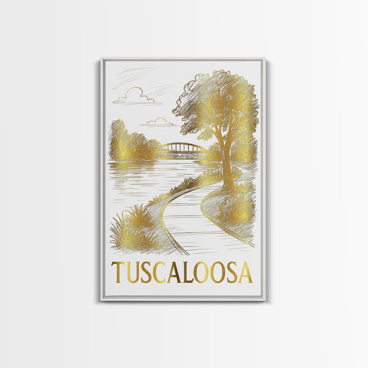 Tuscaloosa Travel Poster, Framed Canvas Print, White And Gold Sketch Art, Tuscaloosa Art Print, Travel Wall Decor, Eclectic Wall Decor