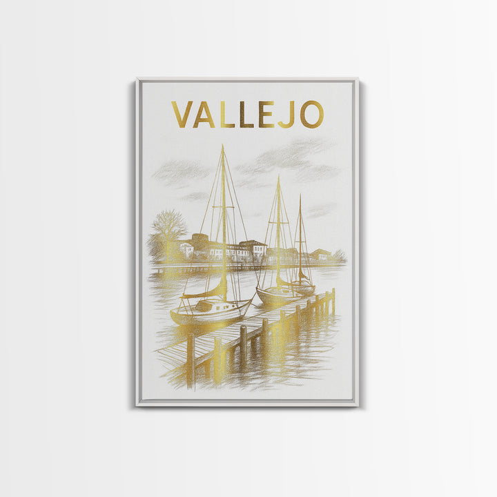 Vallejo California Travel Poster, Framed Canvas Print, White And Gold Sketch Art, Vallejo Poster Print, City Art Print, City Illustration