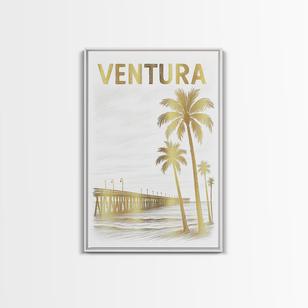 Ventura California Travel Poster, Framed Canvas Print, White And Gold Sketch Art, Ventura City Art, Watercolor Skyline, Travel Poster Art