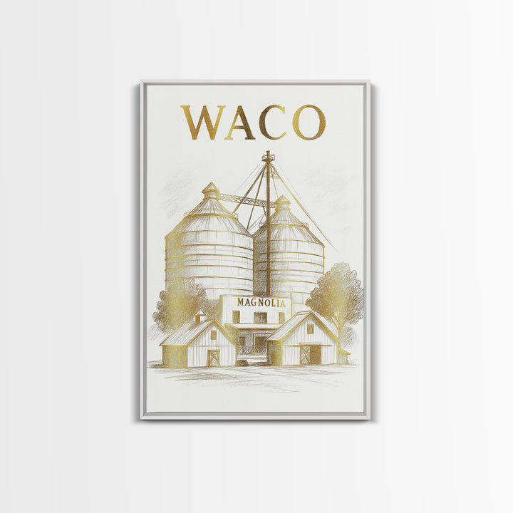 Waco Texas Travel Poster, Framed Canvas Print, White And Gold Sketch Art, Waco Poster Print, Vintage City Poster, City Travel Prints