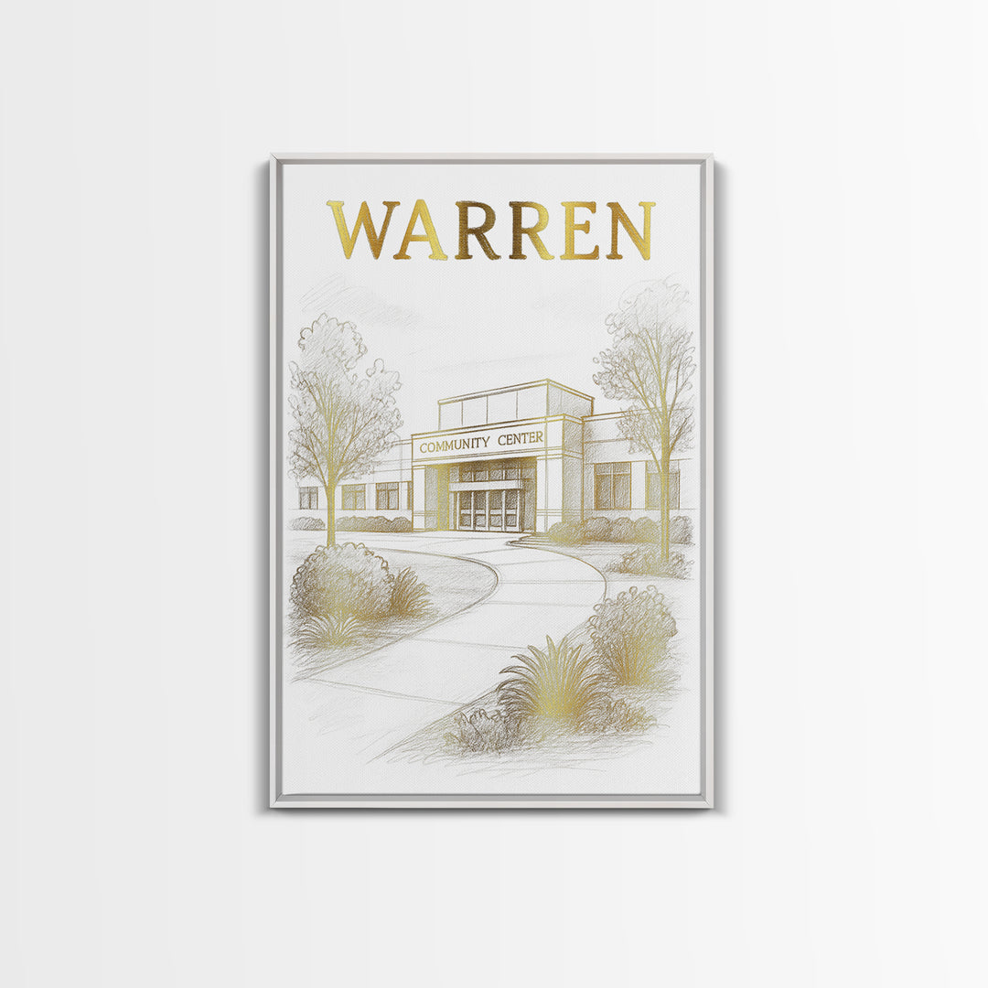 Warren Michigan Travel Poster, Canvas Print, White And Gold Sketch Art, Warren Travel Art, City Art Print, Eclectic Wall Decor, Poster Art