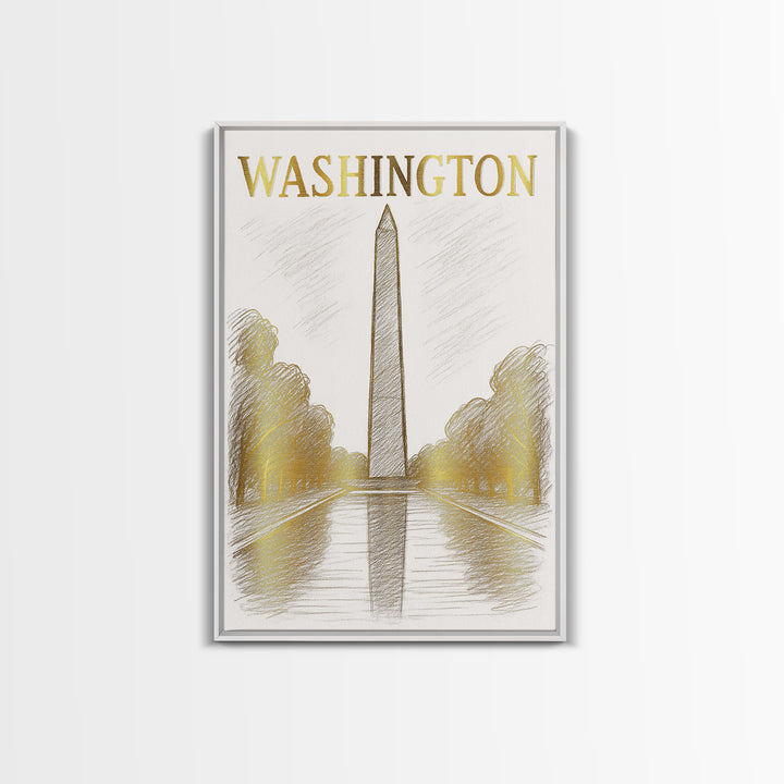 Washington DC Travel Poster, Canvas Print, White And Gold Sketch Art, Washington Poster Print, City Illustration, Modern Wall Decor