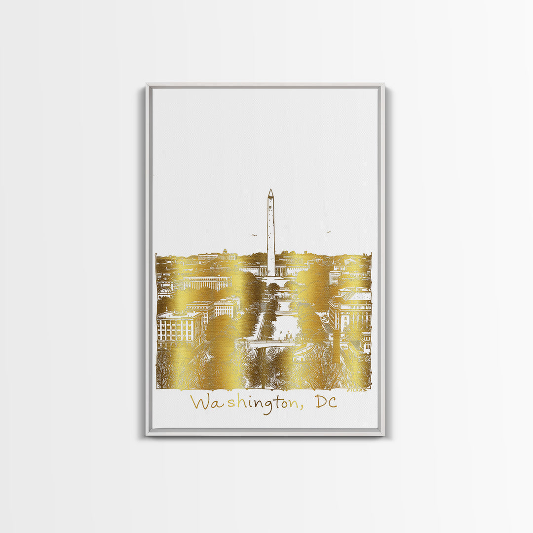 Washington DC Travel Poster, Framed Canvas Print, White And Gold Sketch Art, Washington DC City Art, Modern Wall Decor, Wanderlust Decor