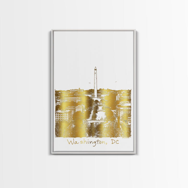Washington DC Travel Poster, Framed Canvas Print, White And Gold Sketch Art, Washington DC City Art, Modern Wall Decor, Wanderlust Decor