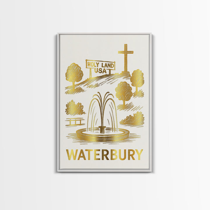 Waterbury Travel Poster, Canvas Print, White And Gold Sketch Art, Waterbury City Art, Travel Wall Decor, City Travel Prints, Travel Print