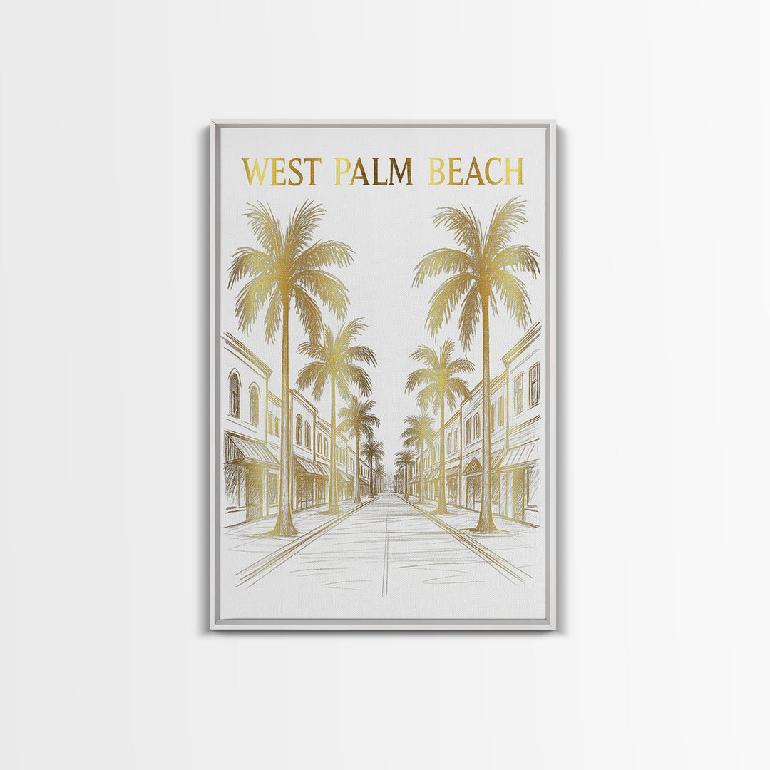 West Palm Beach Florida Travel Poster, Canvas Print, Gold Line Drawing Wall Art, West Palm Beach Art Print, Office Decor, City Poster