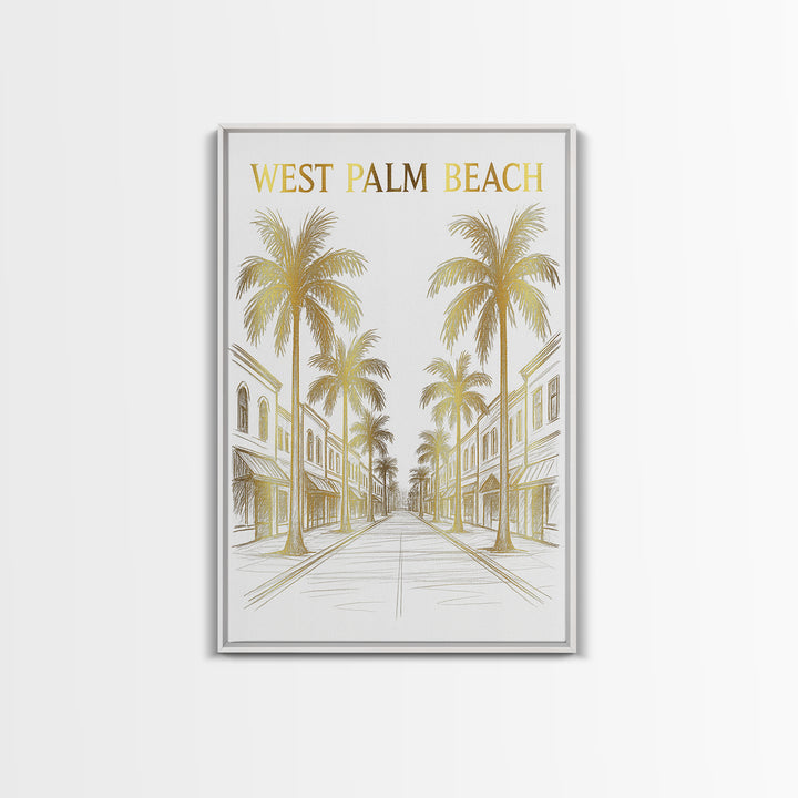 West Palm Beach Florida Travel Poster, Canvas Print, Gold Line Drawing Wall Art, West Palm Beach Art Print, Office Decor, City Poster