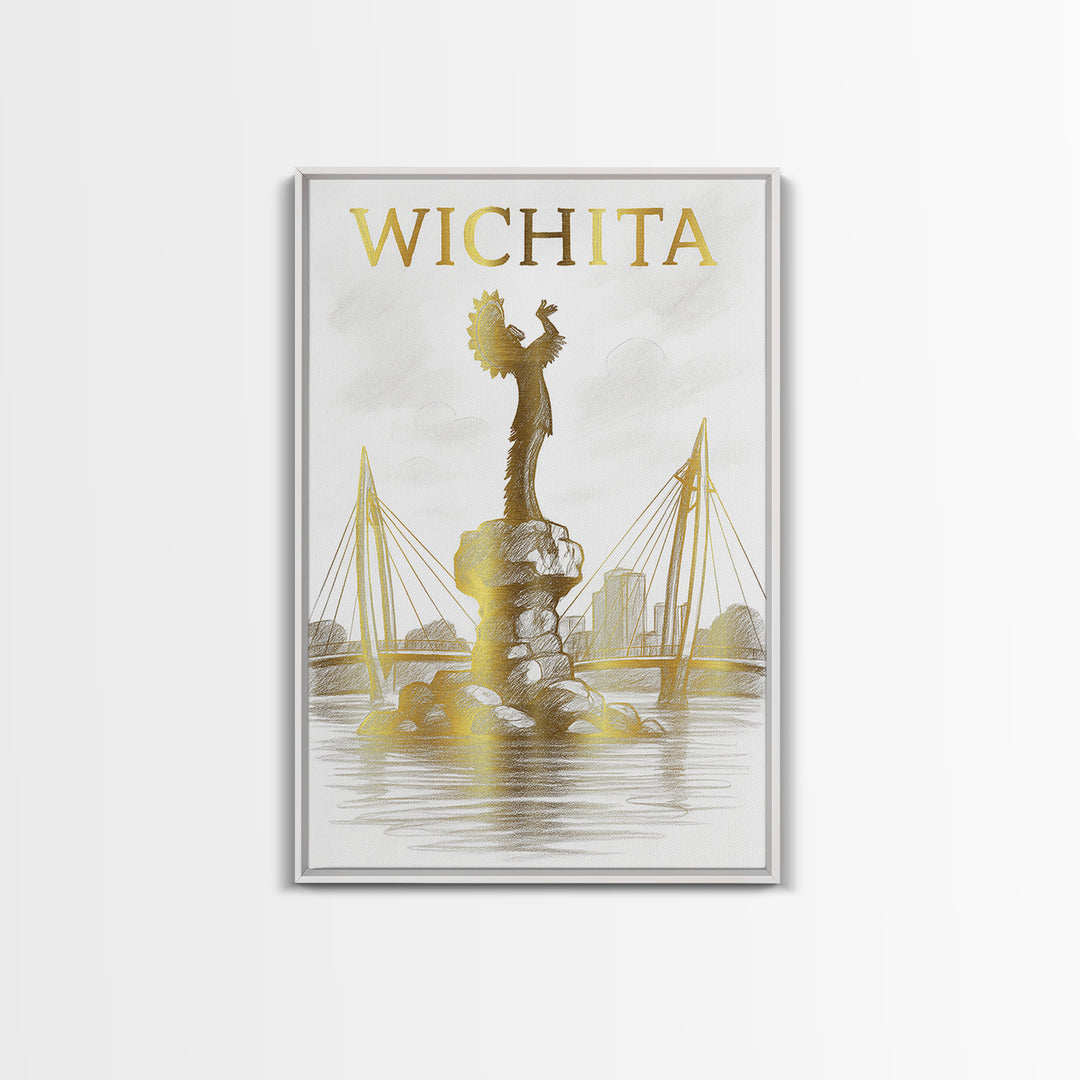 Wichita Kansas Travel Poster, Canvas Print, Gold Line Drawing Wall Art, Wichita Wall Art, Wall Decor, Modern Wall Decor, Travel Wall Art