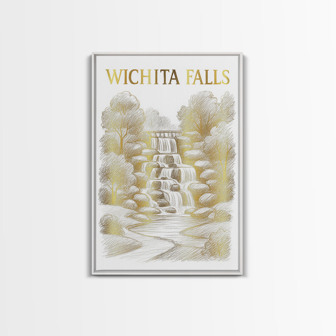 Wichita Falls Texas Travel Poster, Canvas Print, Gold Line Drawing Wall Art, Wichita Falls City Art, Travel Poster Art, Watercolor Skyline