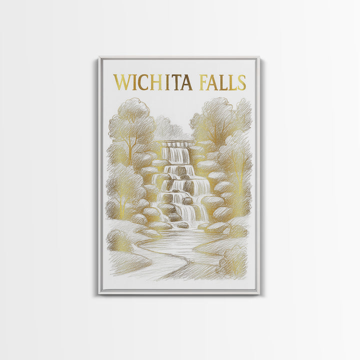 Wichita Falls Texas Travel Poster, Canvas Print, Gold Line Drawing Wall Art, Wichita Falls City Art, Travel Poster Art, Watercolor Skyline