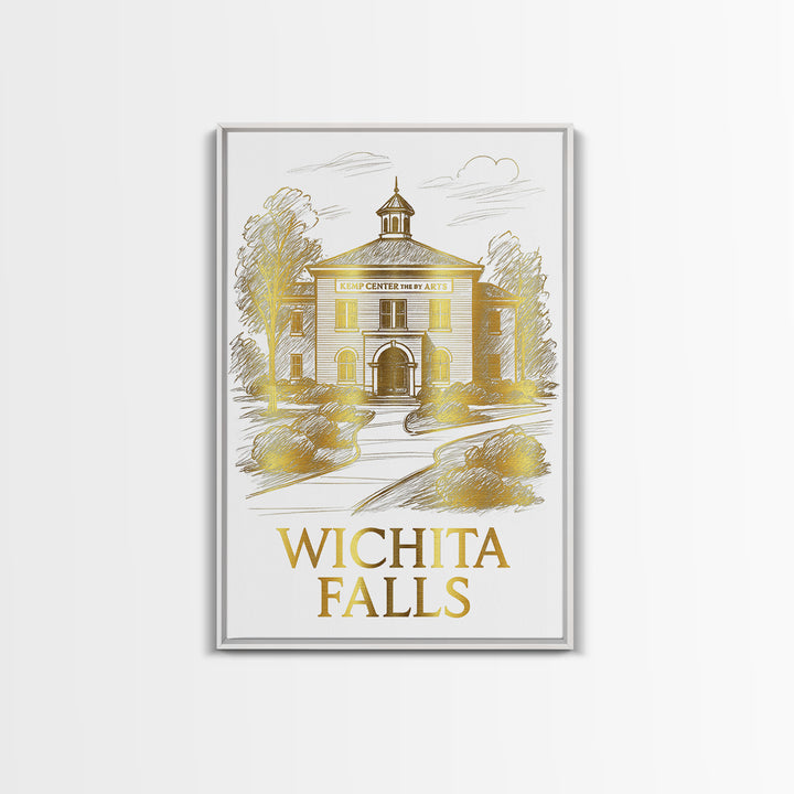Wichita Falls Travel Poster, Framed Canvas Print, White And Gold Sketch Art, Wichita Falls City Art, Vintage City Art, Travel Wall Art