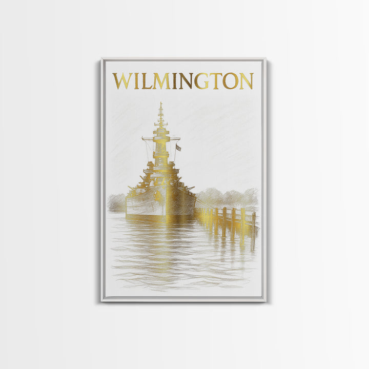 Wilmington North Carolina Travel Poster, Canvas Print, Gold Line Drawing Wall Art, Wilmington Travel Art, Travel Prints, Vintage City Poster