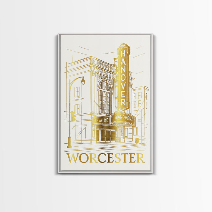 Worcester Travel Poster, Canvas Print, Gold Line Drawing Wall Art, Worcester Art Print, Travel Wall Art, Home Office Decor, Retro Poster