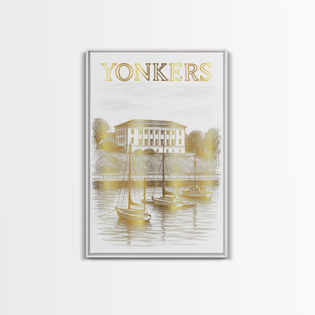 Yonkers New York Travel Poster, Canvas Print, White And Gold Sketch Art, Yonkers Travel Art, Travel Art, Travel Wall Art, City Travel Prints