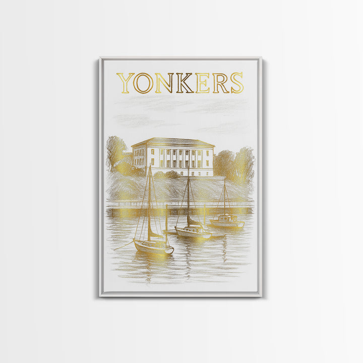 Yonkers New York Travel Poster, Canvas Print, White And Gold Sketch Art, Yonkers Travel Art, Travel Art, Travel Wall Art, City Travel Prints