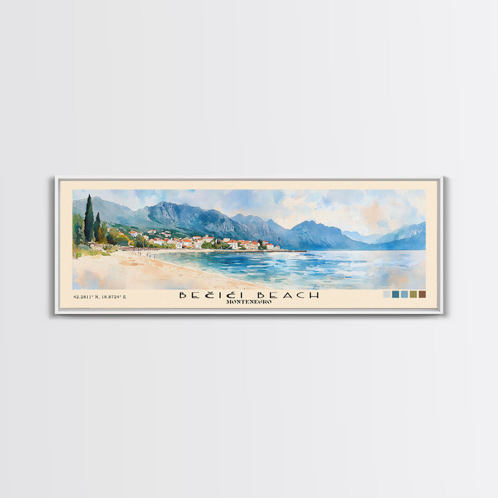 Bečići Beach, Montenegro Watercolor Print, Vacation Gift, Montenegro Wall Art, Beach Painting, Beach Decor, Large Wall Art, Wood Frame Art
