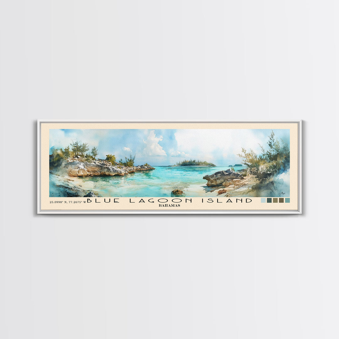 Blue Lagoon Island, Bahamas Watercolor Print, Vacation Gift, Bahamas Wall Art, Beach Painting, Beach Decor, Large Wall Art, Wood Frame Art