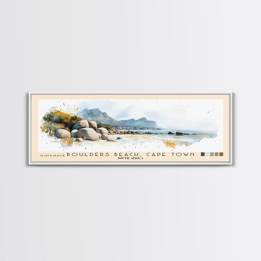 Boulders Beach, Cape Town, South Africa Watercolor Print, Vacation Gift, South Africa Wall Art, Beach Painting, Beach Decor, Large Wall Art, Wood Frame Art