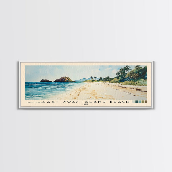 Cast Away Island Beach, Fiji Watercolor Print, Vacation Gift, Fiji Wall Art, Beach Painting, Beach Decor, Large Wall Art, Wood Frame Art
