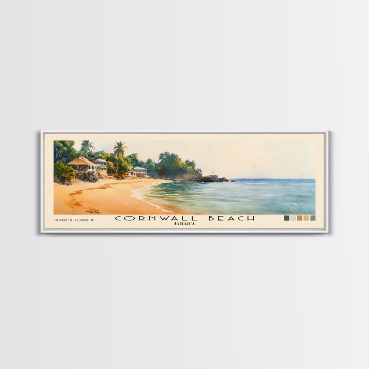 Cornwall Beach, Jamaica Watercolor Beach Print, Vacation Gift, Jamaica Wall Art, Framed Canvas Print, Framed Beach Painting