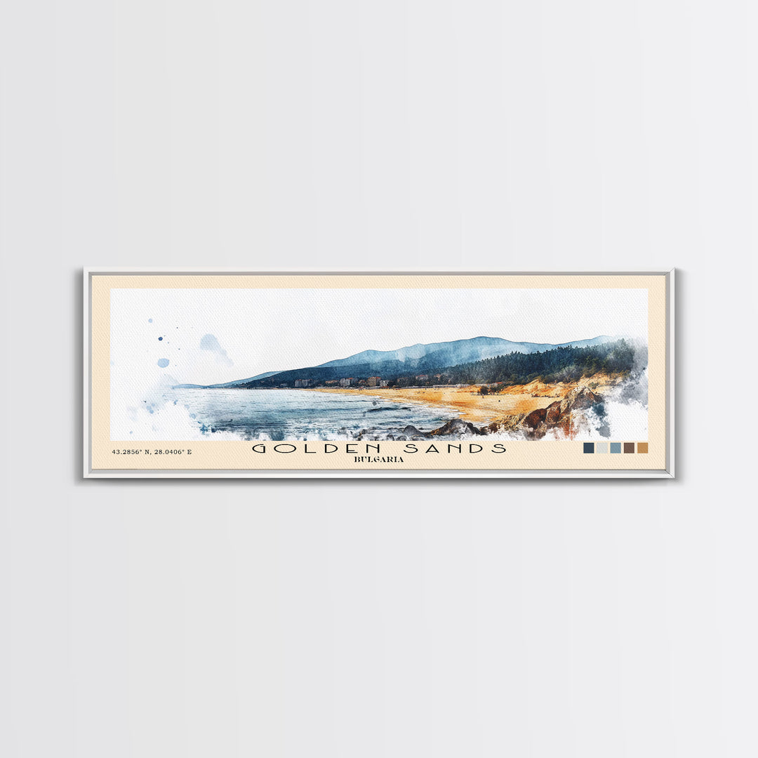 Golden Sands, Bulgaria Watercolor Beach Print, Vacation Gift, Bulgaria Wall Art, Framed Canvas Print, Framed Beach Painting