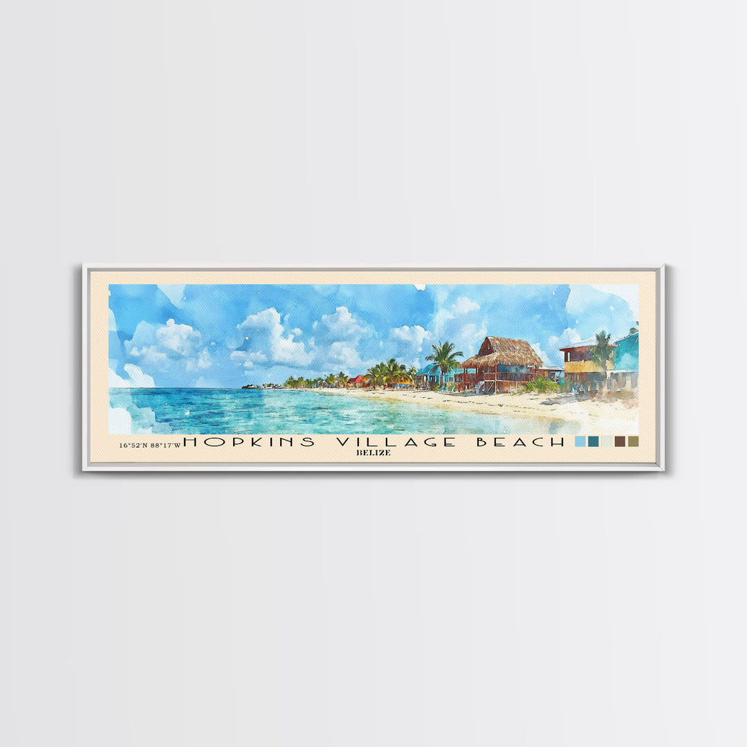 Hopkins Village Beach, Belize Watercolor Beach Print, Vacation Gift, Belize Wall Art, Framed Canvas Print, Framed Beach Painting