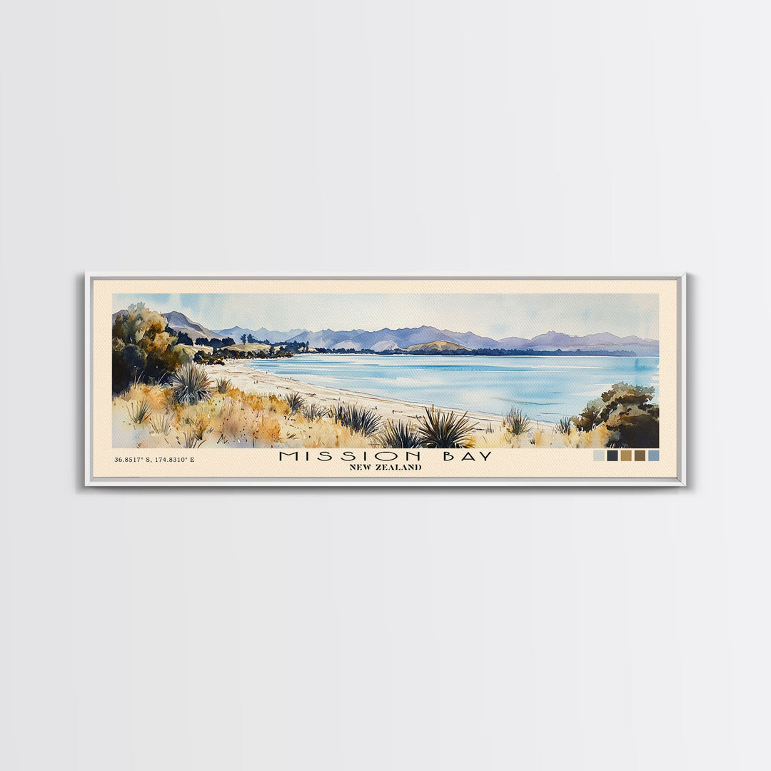 Mission Bay, New Zealand Watercolor Beach Print, Vacation Gift, New Zealand Wall Art, Beach Painting, Beach Decor, Beach Painting