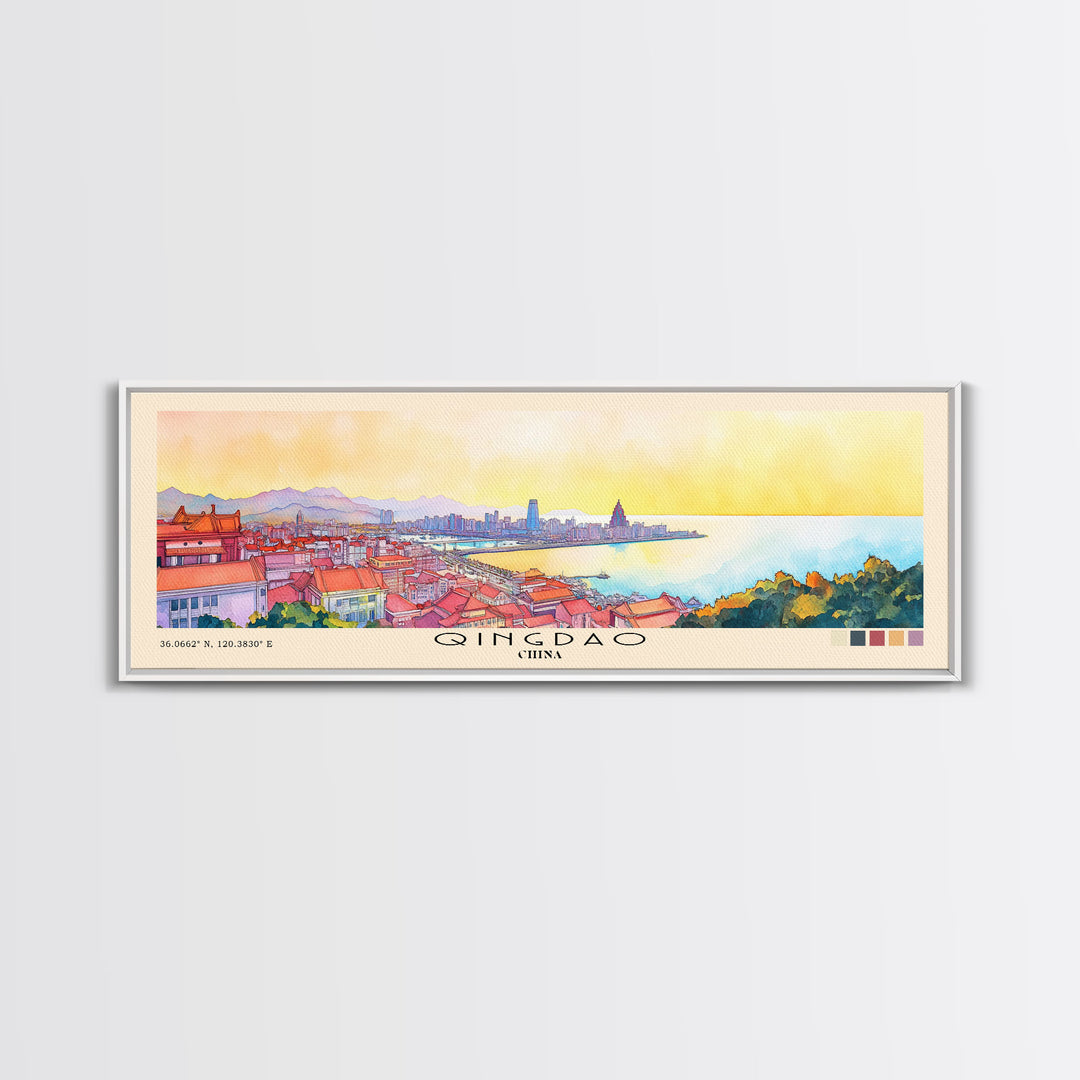 Qingdao, China Watercolor Beach Print, Vacation Gift, China Wall Art, Framed Canvas Print, Framed Beach Painting
