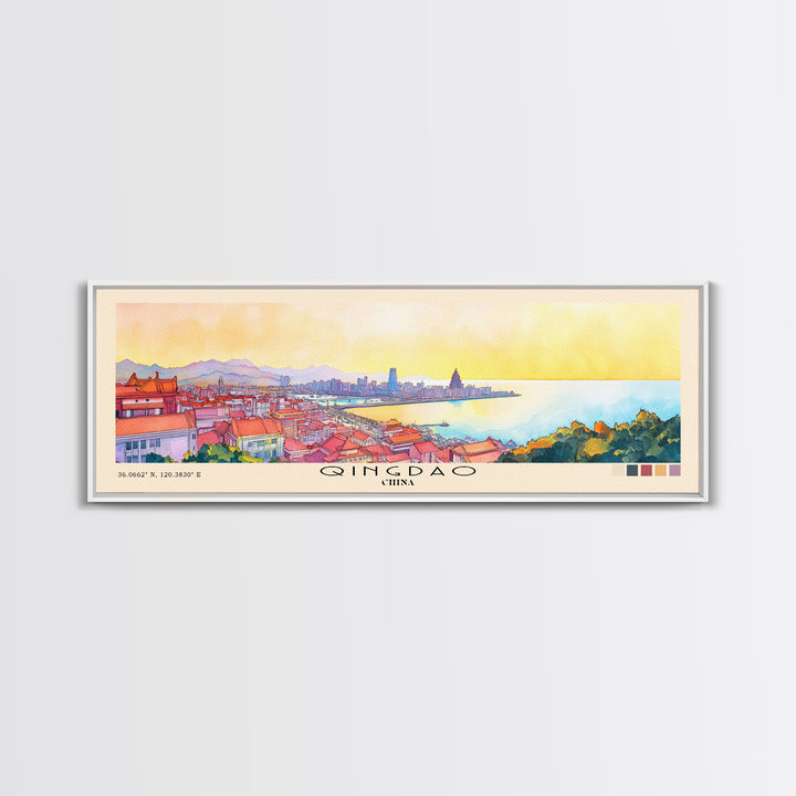 Qingdao, China Watercolor Beach Print, Vacation Gift, China Wall Art, Framed Canvas Print, Framed Beach Painting