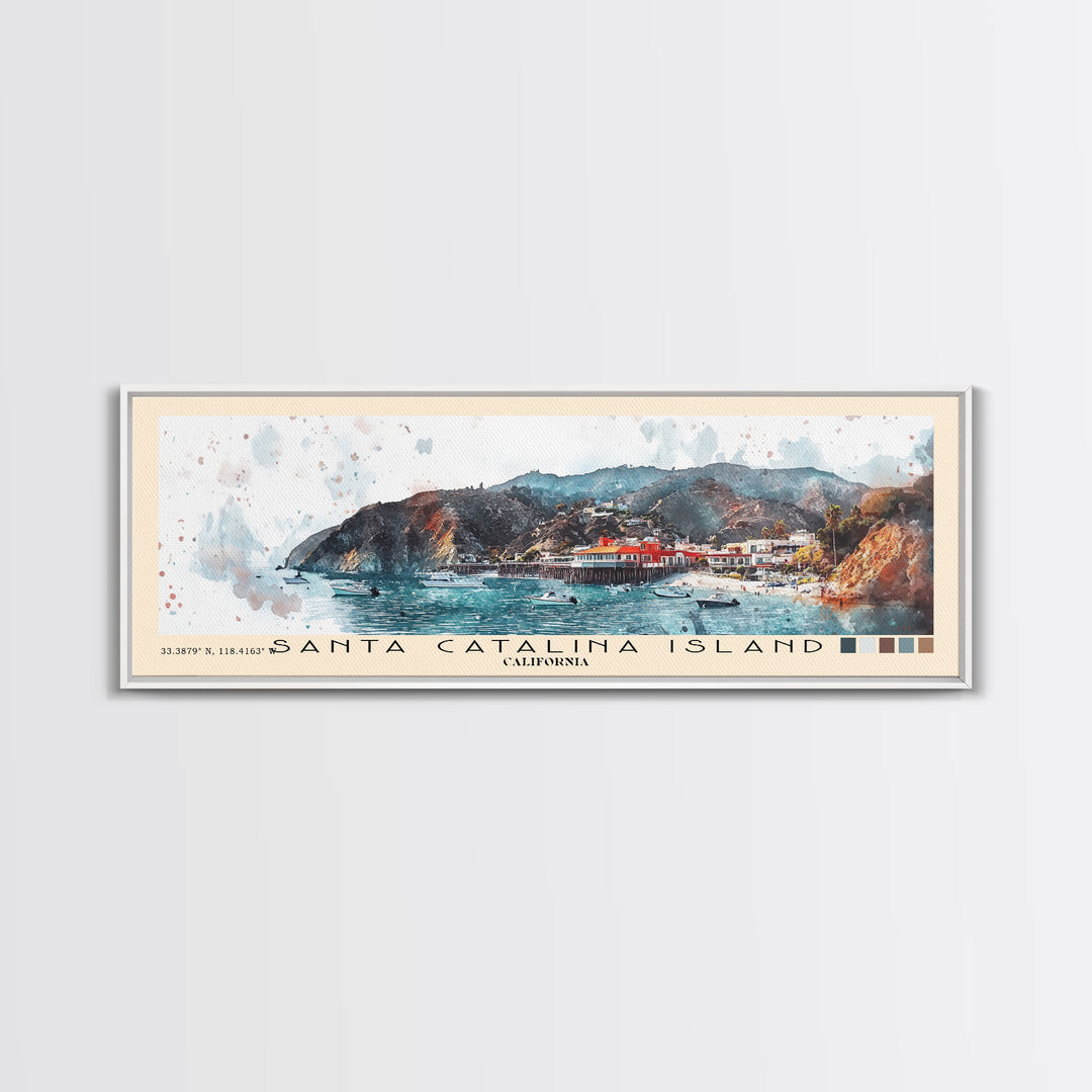 Santa Catalina Island, California Watercolor Beach Print, Vacation Gift, California Wall Art, Framed Canvas Print, Framed Beach Painting