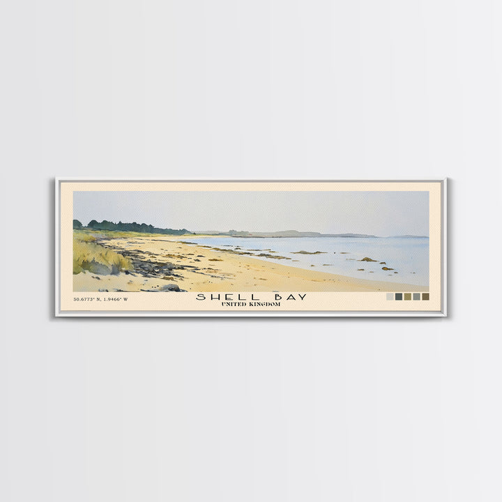 Shell Bay, United Kingdom Watercolor Beach Print, Vacation Gift, United Kingdom Wall Art, Framed Canvas Print, Framed Beach Painting